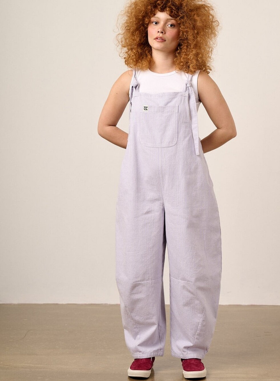 Lucy and Yak - Chula Cotton Barrel Leg Dungarees - Lilac Hickory Stripe - UK 16R